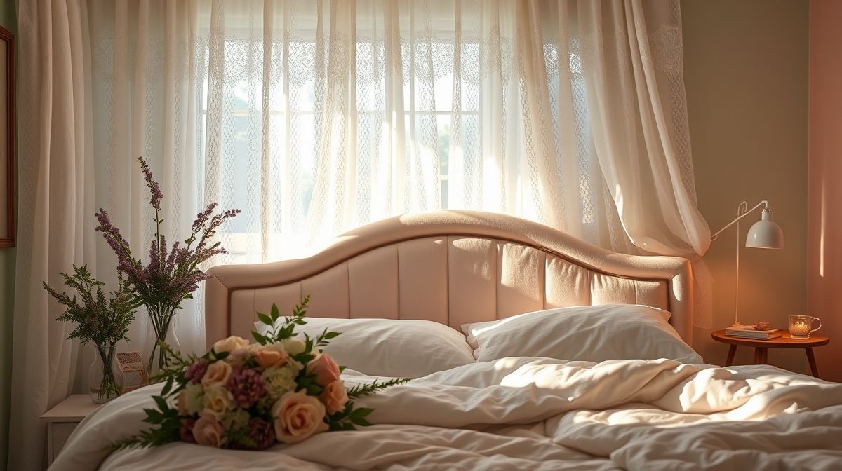 Quarto romântico com cabeceira estofada, cortina branca leve e arranjos florais delicados.