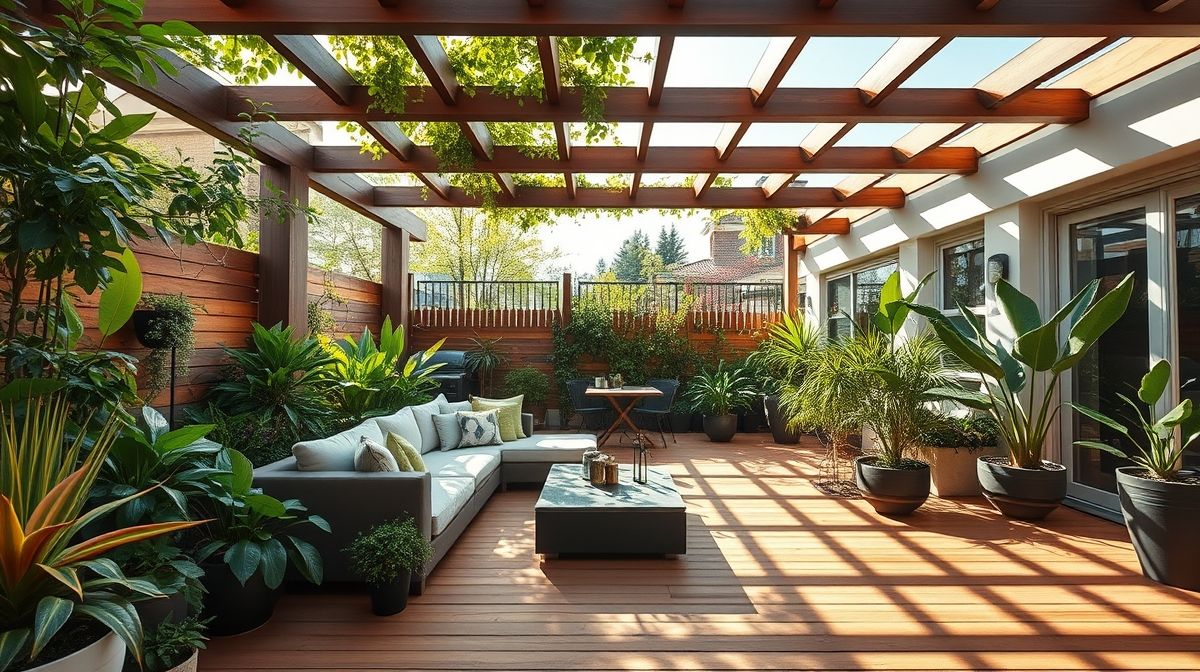 Quintal amplo com deck de madeira, pergolado e sofá modular.