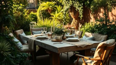 Mesa posta em jardim iluminado com luz natural e decoração charmosa.
