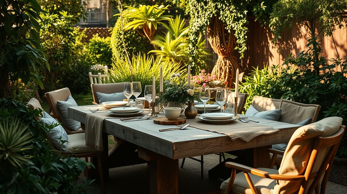 Mesa posta em jardim iluminado com luz natural e decoração charmosa.