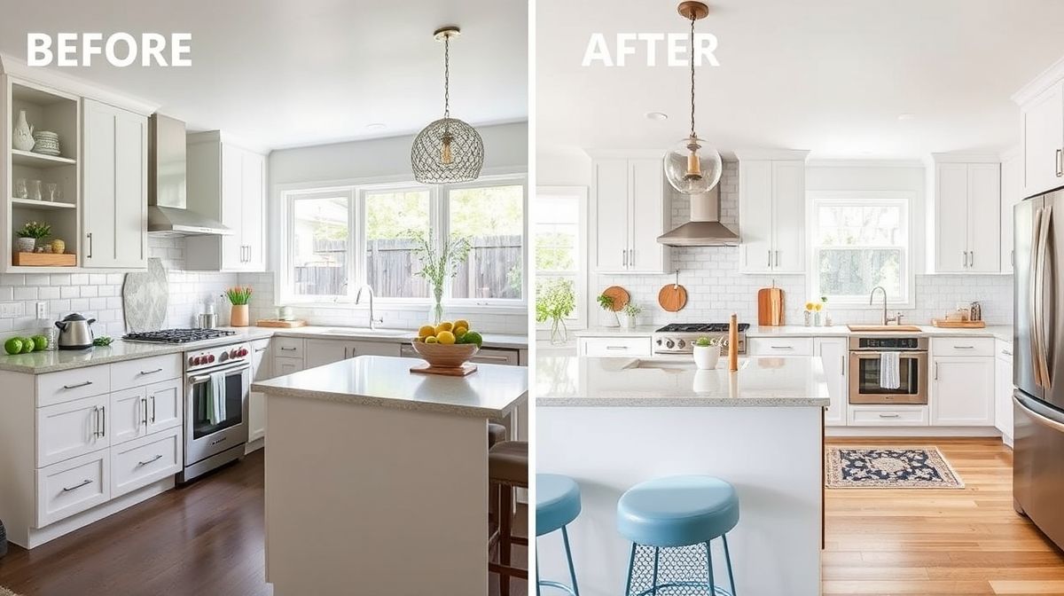 Antes e depois de uma cozinha reformada, mostrando diferença dos acabamentos.