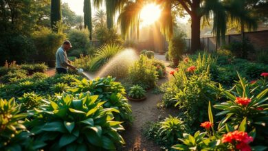 Pessoa regando plantas no início da manhã em um jardim caseiro.