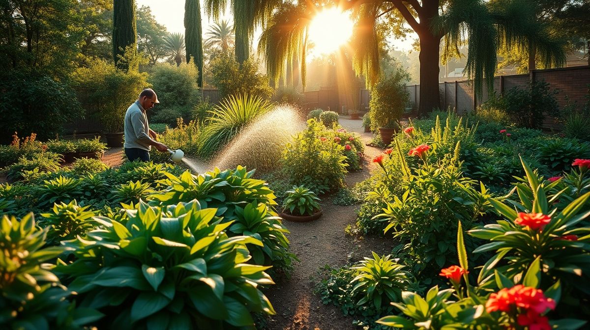 Pessoa regando plantas no início da manhã em um jardim caseiro.