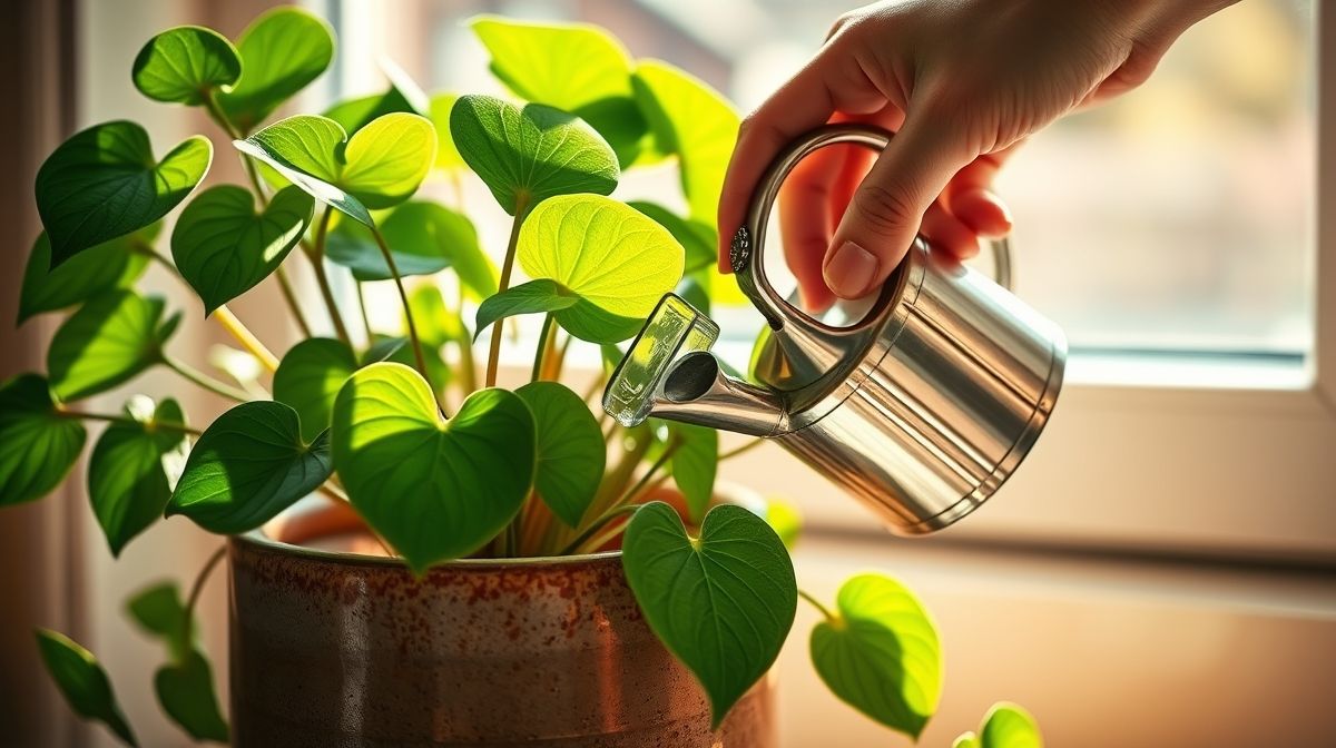 Mão regando planta jiboia em vaso de cerâmica com regador pequeno.