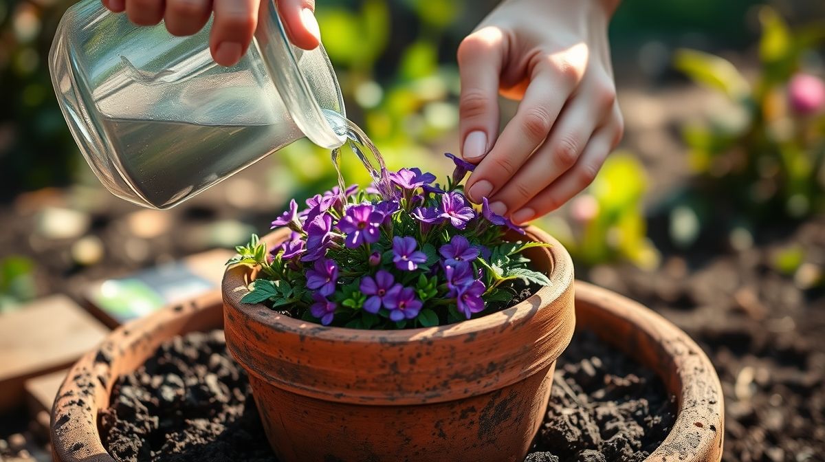 Jardineiro regando e cuidando da quaresmeira-rasteira em vaso.