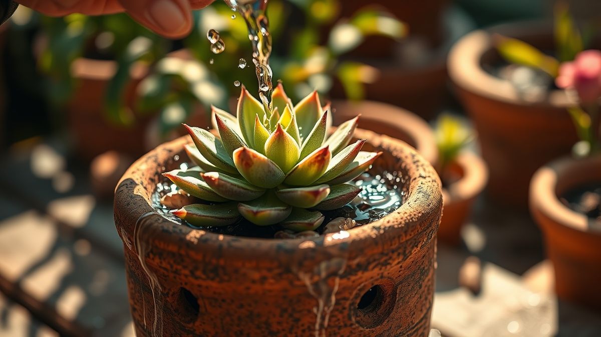 Mãos regando vaso com suculenta destacando drenagem adequada.