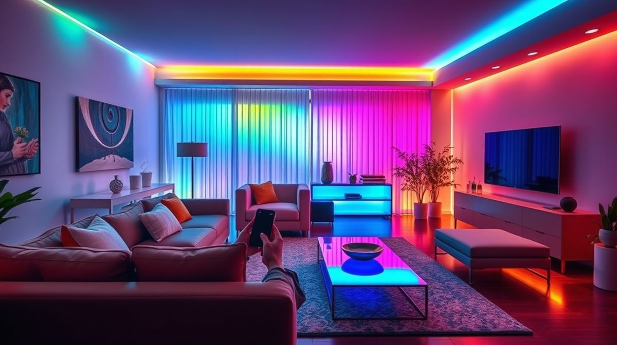 Sala iluminada com lâmpadas RGB e controle pelo celular.