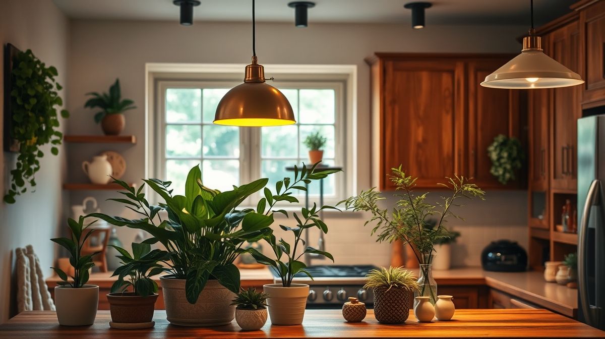 Cozinha pronta, iluminada, com plantas, iluminação quente e elementos afetivos.