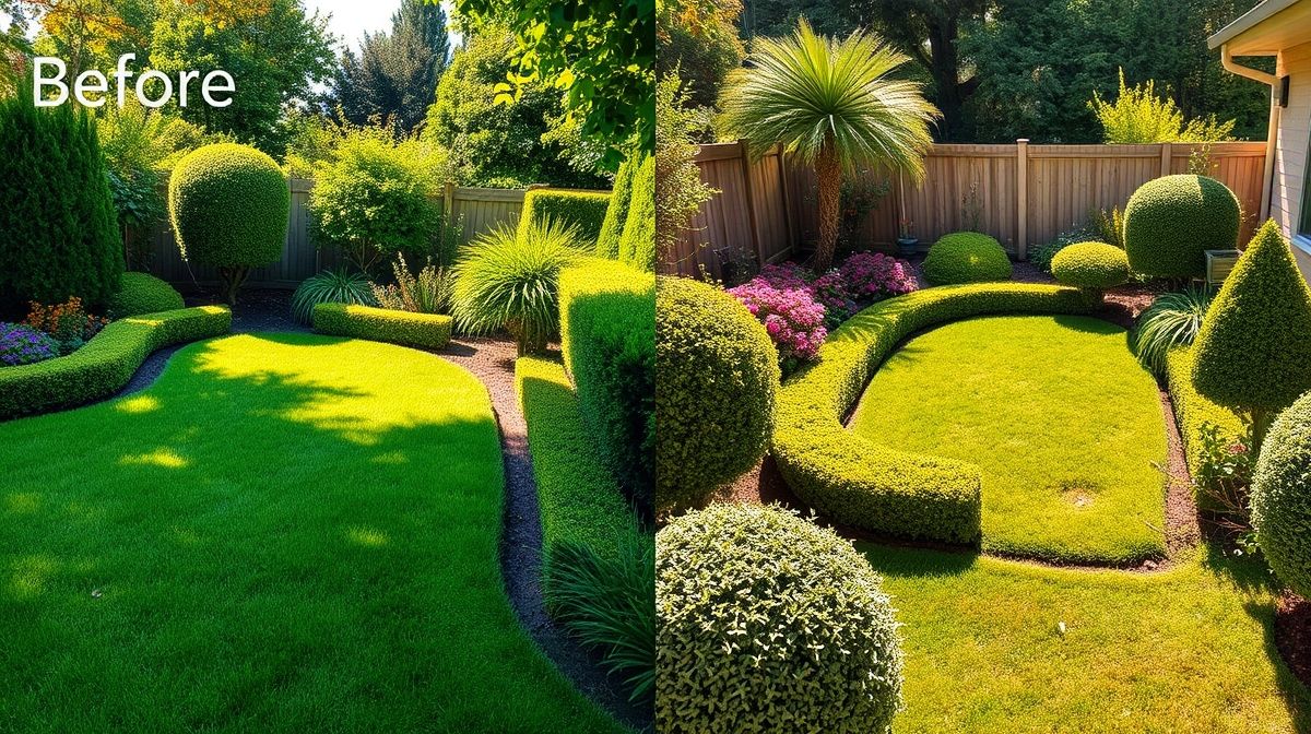 Jardim bem cuidado após corte e poda, grama verde e arbustos aparados.