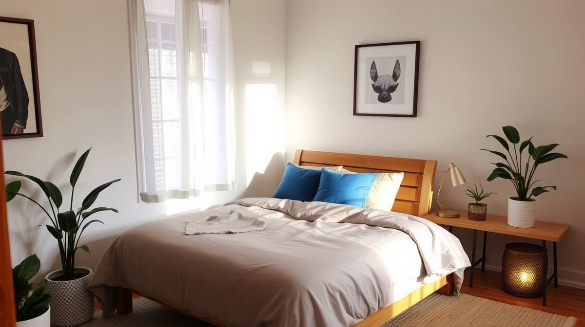 Quarto leve e equilibrado, cama contra a parede e iluminação suave.