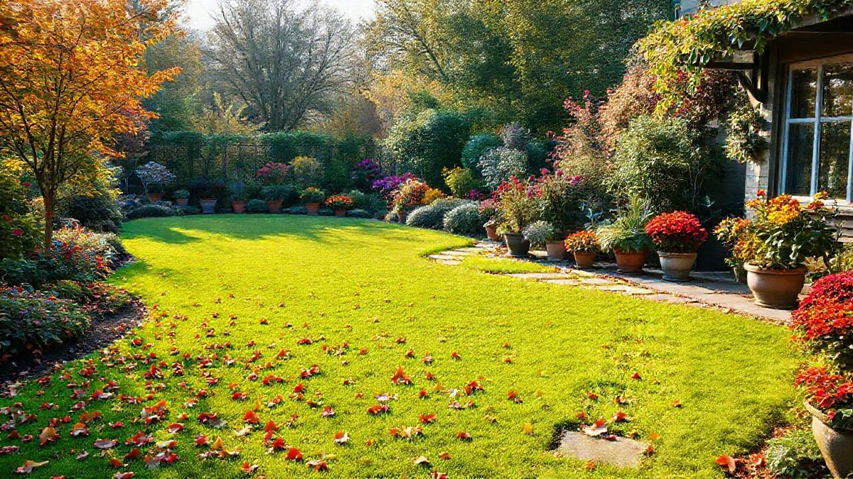 Jardim bem finalizado no outono, com flores, folhagens e espaço limpo e saudável.