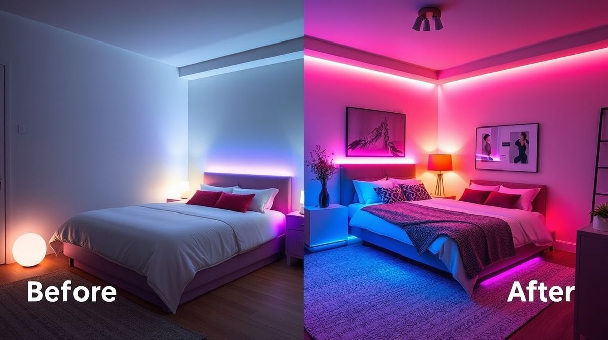 Quarto iluminado com LED RGB ajustável via celular, mostrando o resultado da automação.