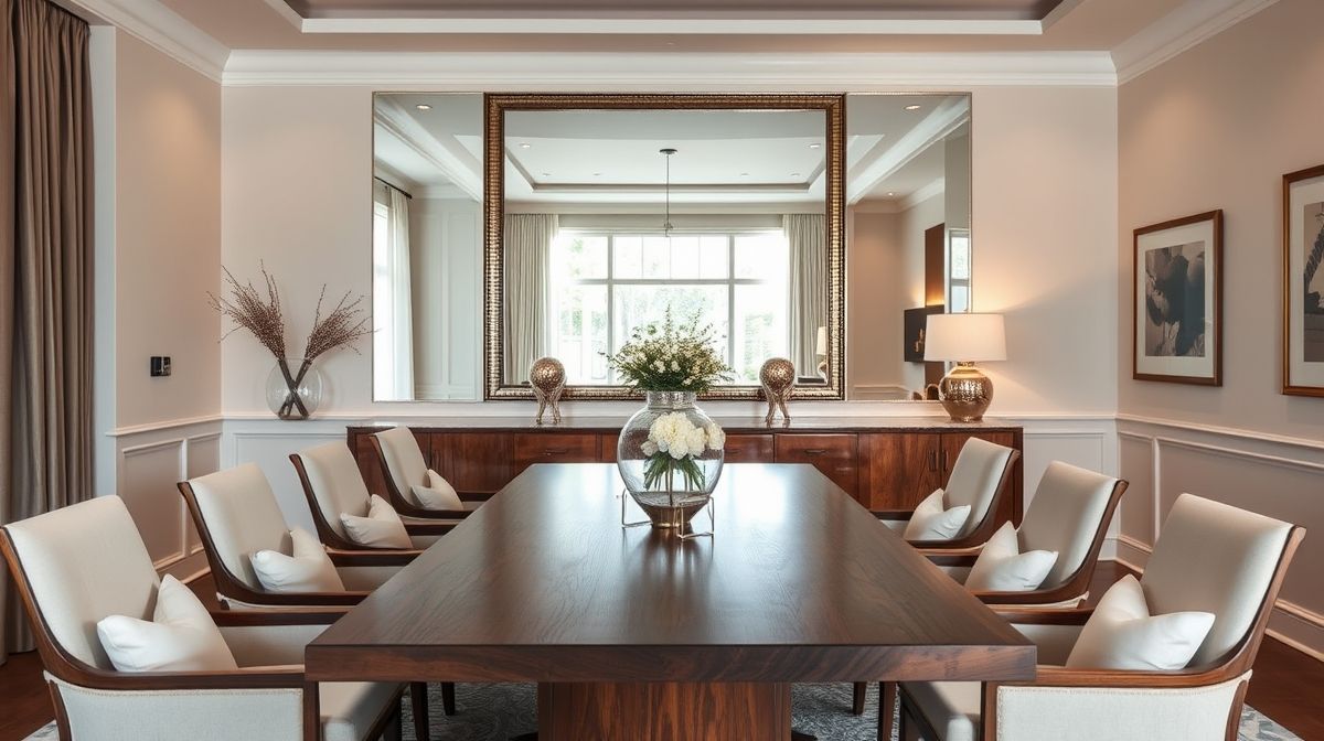 Sala de jantar decorada com espelho grande atrás da mesa central.