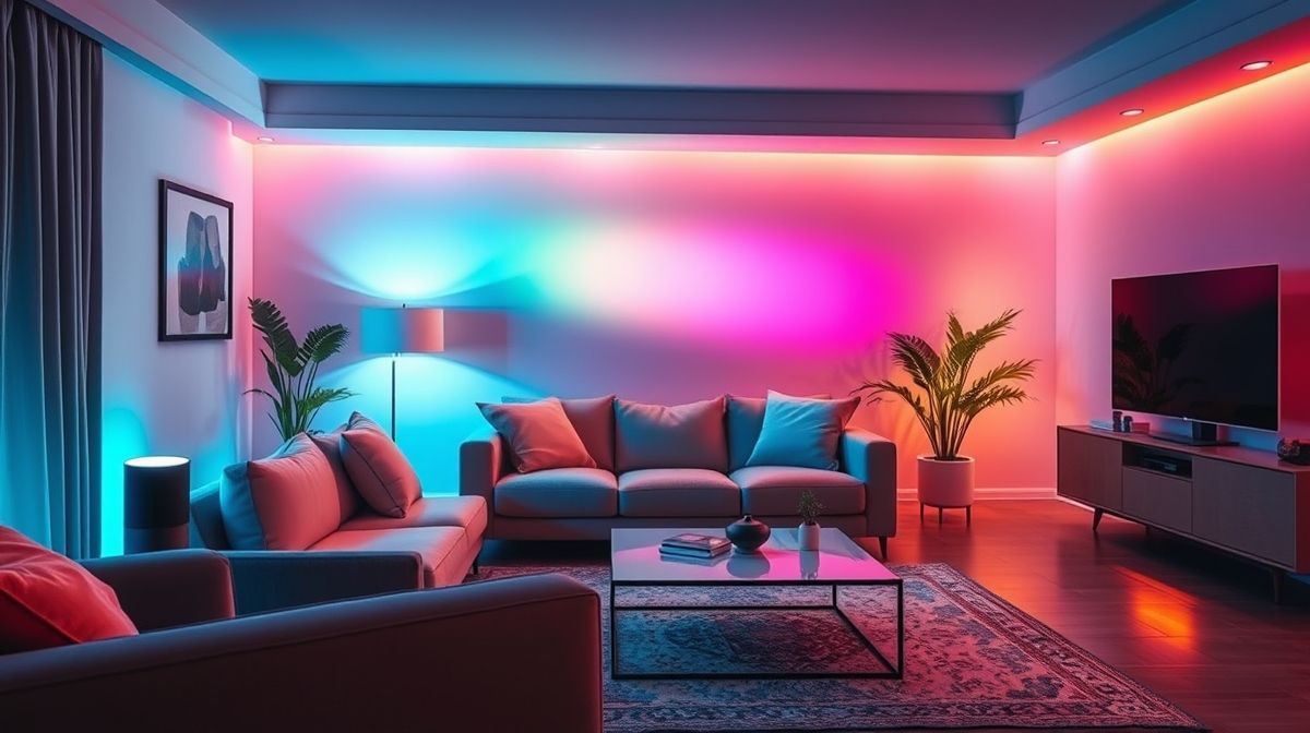 Ambiente iluminado com lâmpadas coloridas controladas automaticamente.
