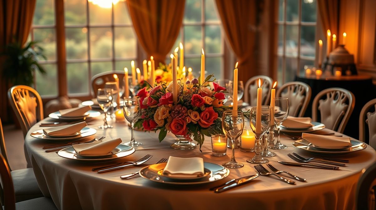 Mesa posta completa pronta para jantar com iluminação aconchegante e detalhes decorativos.