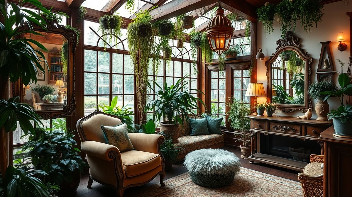 Jardim de inverno finalizado com poltrona, espelho e plantas suspensas.