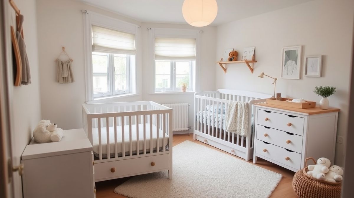 Quarto de bebê pronto, com cores suaves, berço funcional e prateleiras decorativas.