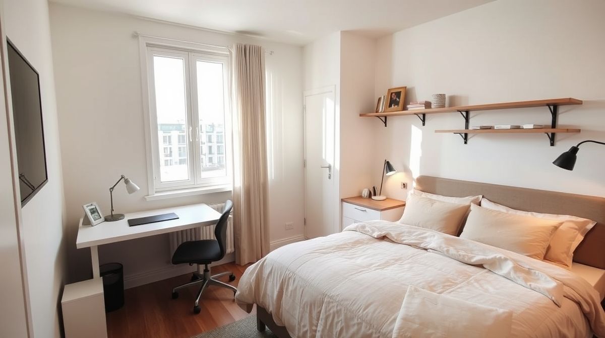 Quarto finalizado com mesa de trabalho, prateleiras e sofá-cama pronto para uso.