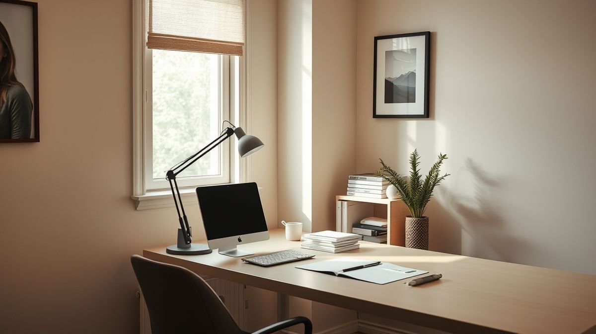 Espaço finalizado de home office com luminária de mesa integrada harmoniosamente.