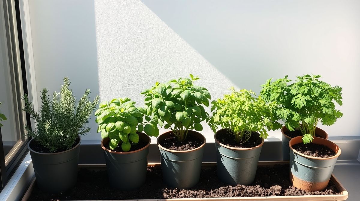 Pequena horta com temperos em vasos organizados após uso do kit.