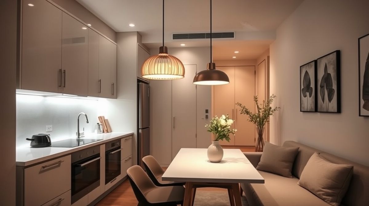Interior de kitnet com trilho de spots, pendente na mesa e LED na marcenaria.