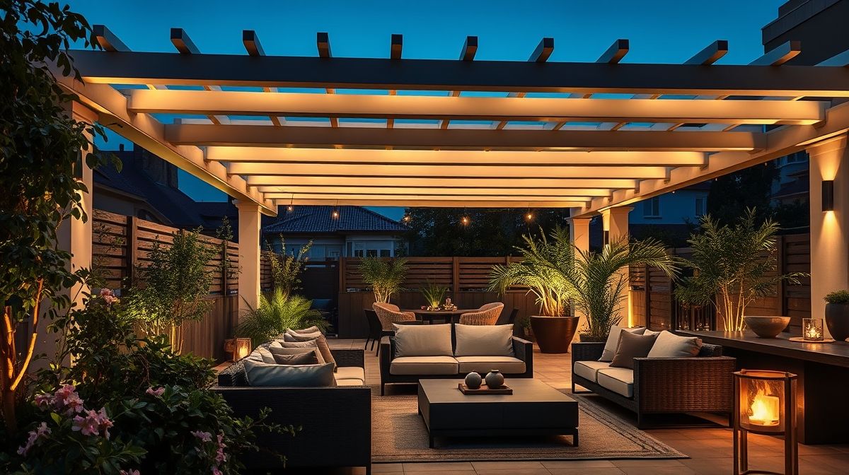 Terraço decorado com pergolado, plantas e iluminação em camadas.