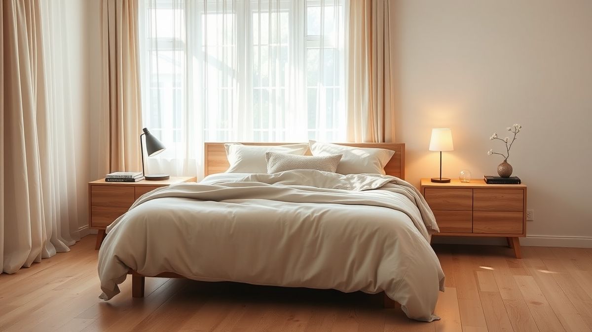 Quarto decorado com cama e mesas de cabeceira proporcionais em estilo escandinavo.
