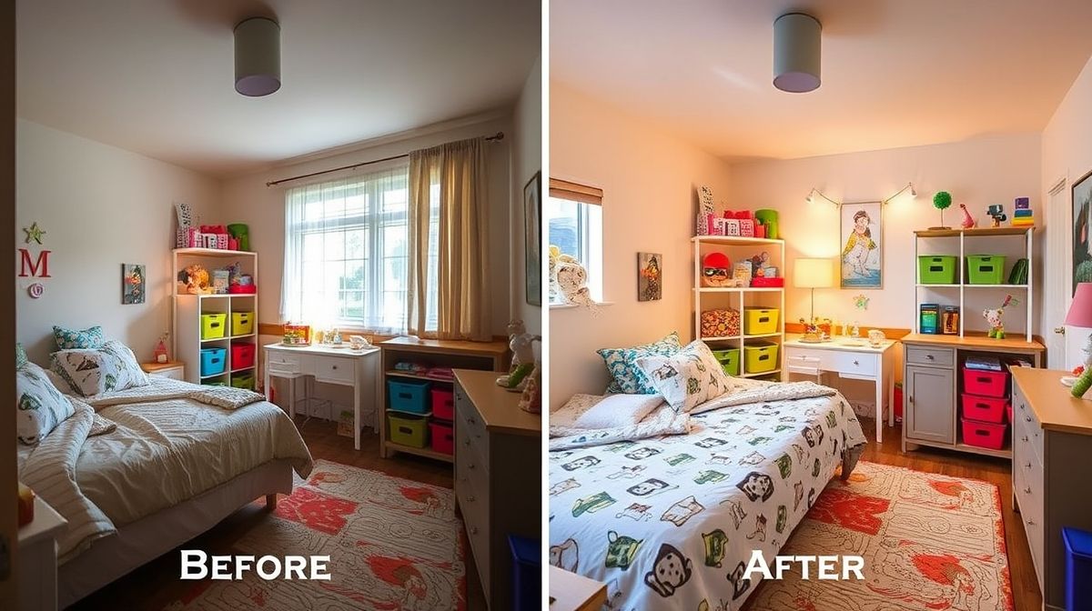 Quarto infantil pequeno pronto, com iluminação aconchegante e espaços organizados.