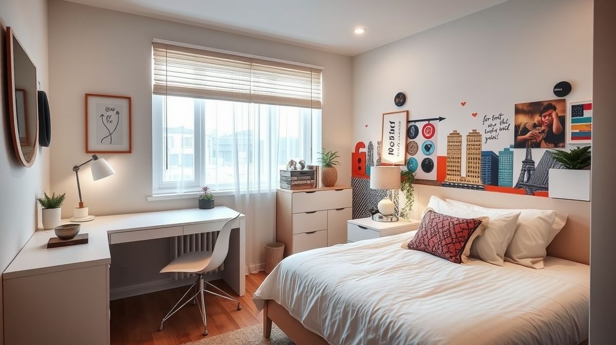 Quarto juvenil finalizado com escrivaninha, cama com almofadas e mural de fotos.