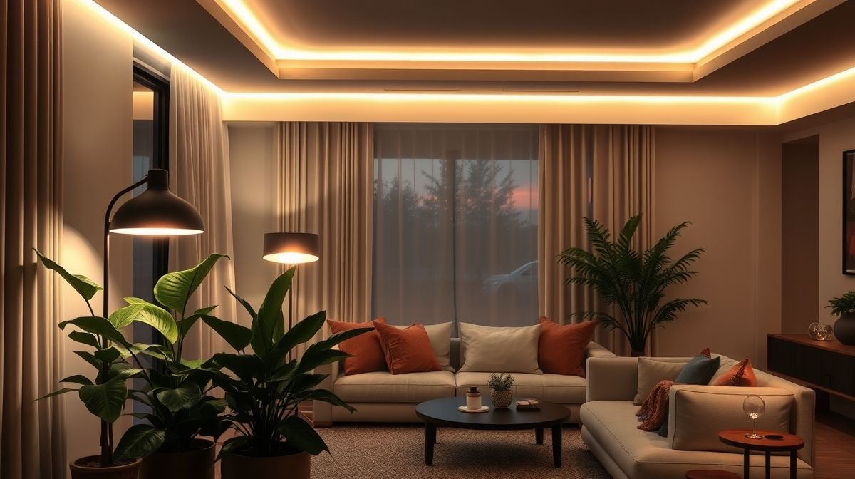 Sala de estar aconchegante com camadas de iluminação indireta e plantas.