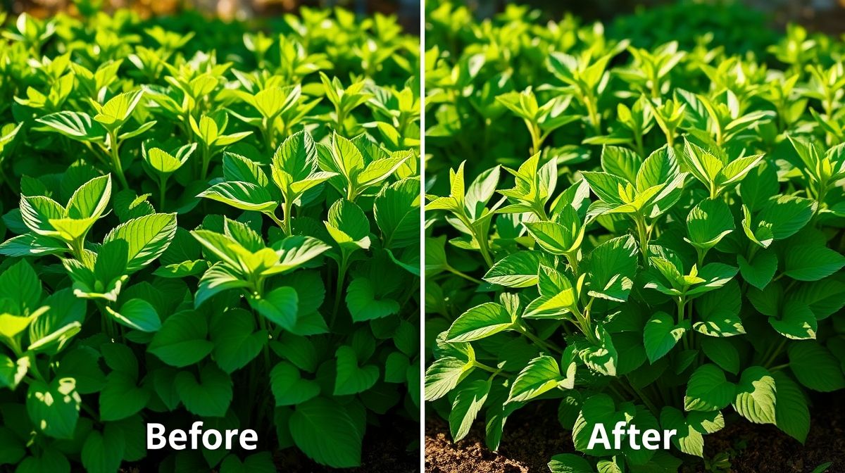 Plantas frondosas e verdes após aplicação do pó de casca de ovo.