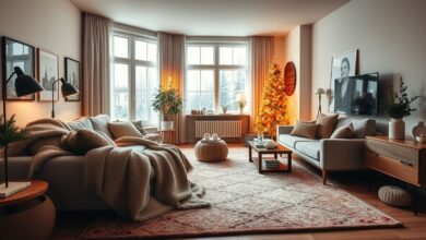 Sala de estar decorada para o inverno, com manta, tapete e iluminação suave.