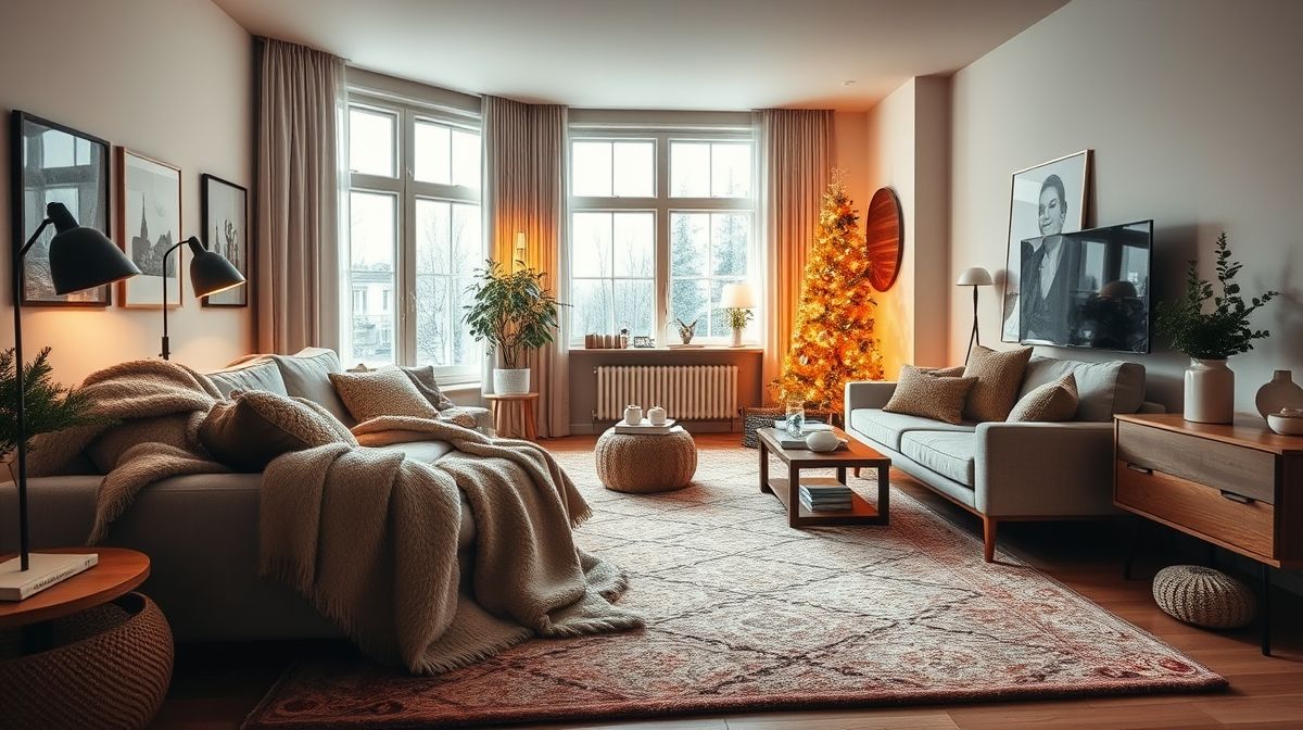 Sala de estar decorada para o inverno, com manta, tapete e iluminação suave.