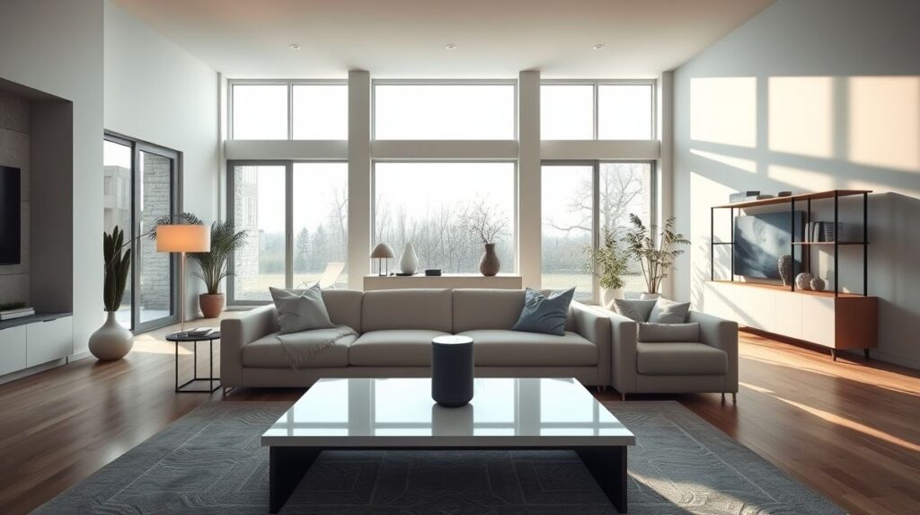 Sala de estar em estilo contemporâneo com iluminação smart e assistente virtual.