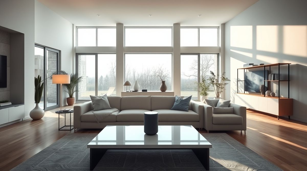 Sala de estar em estilo contemporâneo com iluminação smart e assistente virtual.