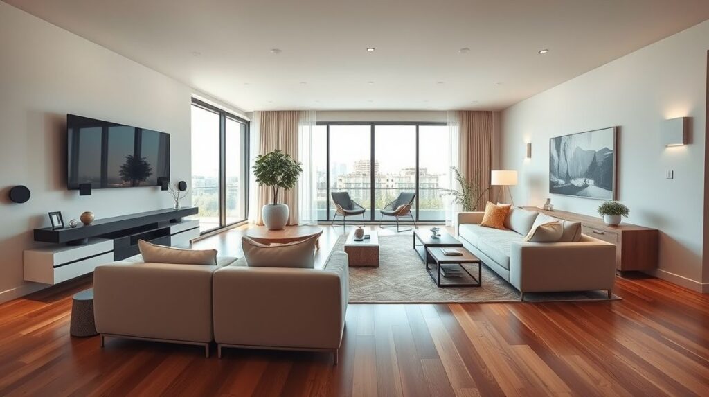 Sala de estar com iluminação controlada e dispositivos inteligentes.