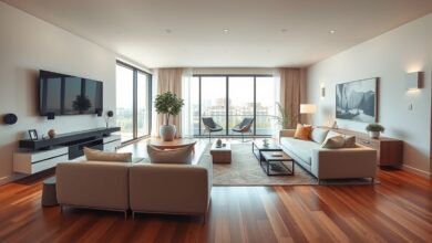 Sala de estar com iluminação controlada e dispositivos inteligentes.