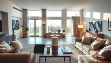 Ambiente de sala com iluminação e gadgets inteligentes integrados.