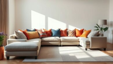Sofá em sala moderna com almofadas decorativas coloridas e elegantes.