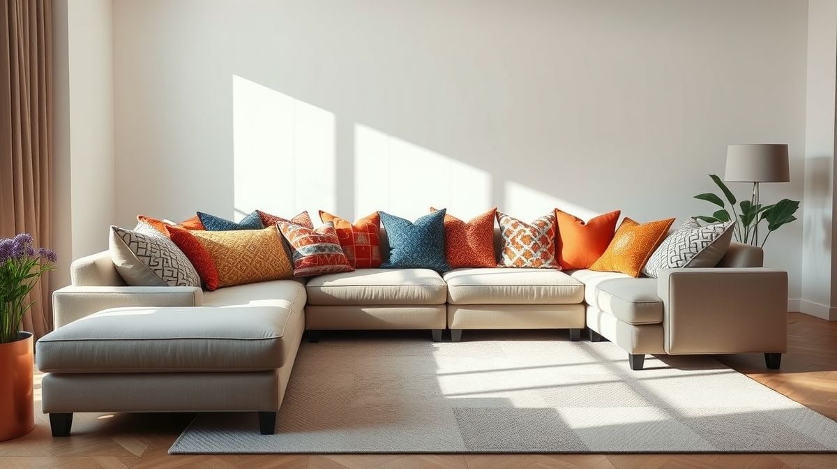Sofá em sala moderna com almofadas decorativas coloridas e elegantes.