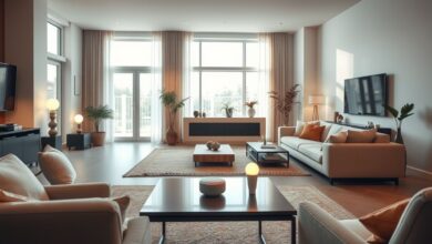 Sala de estar moderna com luzes smart e dispositivos conectados.