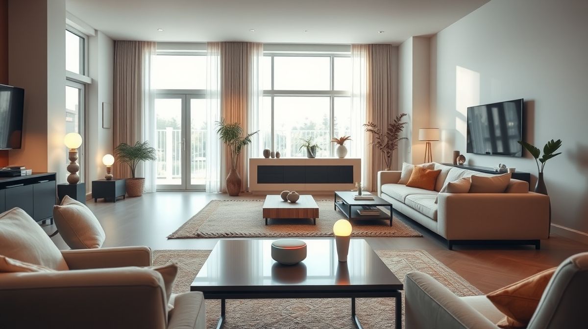 Sala de estar moderna com luzes smart e dispositivos conectados.