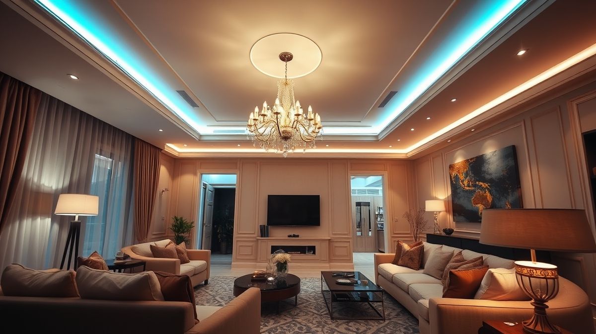 Sala ampla com lustre central, abajur de canto e fita LED embutida em sanca.