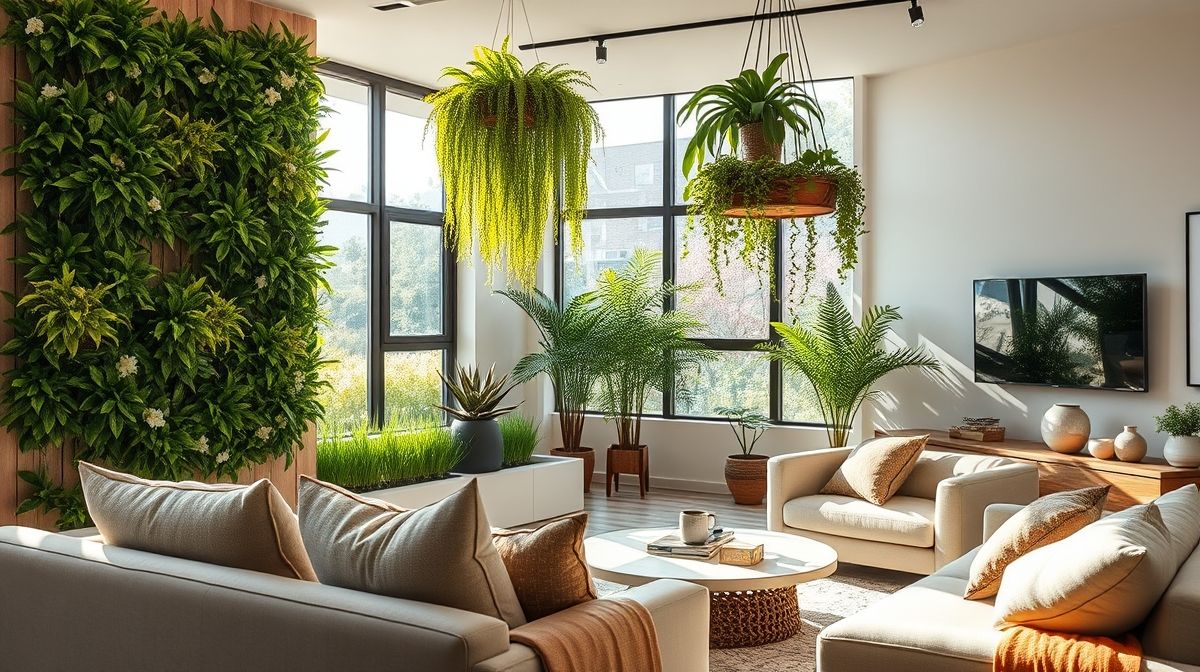 Sala de estar aconchegante decorada com jardim suspenso em parede lateral.
