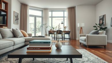 Sala de estar moderna com mesa de centro decorada com pilha de livros e vaso elegante.