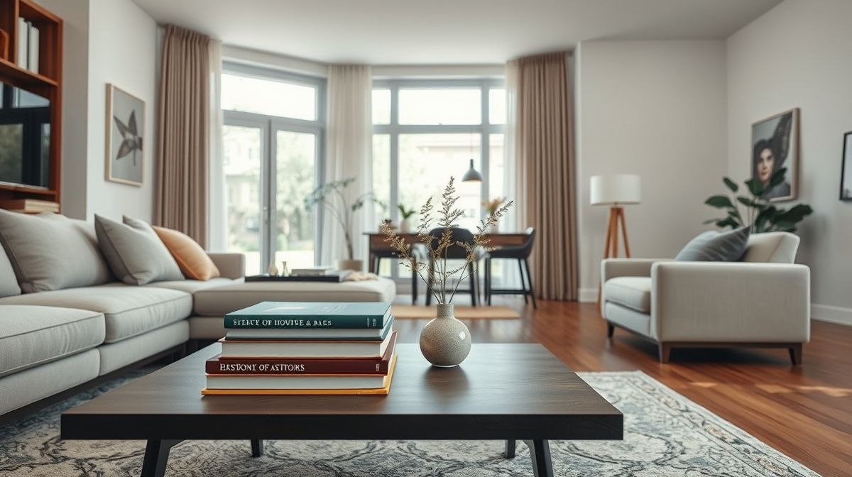 Sala de estar moderna com mesa de centro decorada com pilha de livros e vaso elegante.