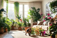 Sala com vasos decorativos que contêm plantas tóxicas, com um gato próximo.