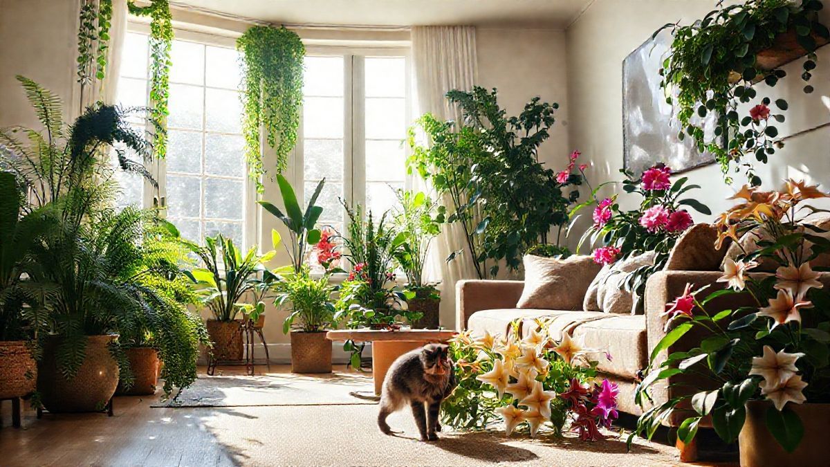 Sala com vasos decorativos que contêm plantas tóxicas, com um gato próximo.