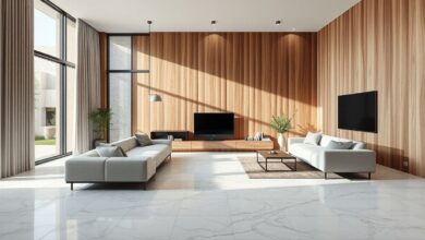 Sala de estar ampla com porcelanato marmorizado e parede em revestimento de madeira.