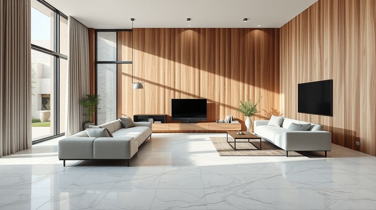 Sala de estar ampla com porcelanato marmorizado e parede em revestimento de madeira.